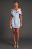 Jacquard Blue Floral Bodycon Short Summer Wedding Guest Dress