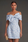 Jacquard Blue Floral Bodycon Short Summer Wedding Guest Dress