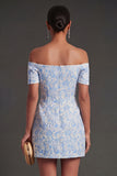 Jacquard Blue Floral Bodycon Short Summer Wedding Guest Dress