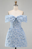 Jacquard Blue Floral Bodycon Short Summer Wedding Guest Dress