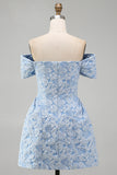 Jacquard Blue Floral Bodycon Short Summer Wedding Guest Dress