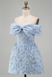 Jacquard Blue Floral Bodycon Short Summer Wedding Guest Dress