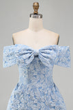 Jacquard Blue Floral Bodycon Short Summer Wedding Guest Dress