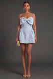 A Line Jacquard Blue Floral Short Summer Wedding Guest Dress