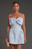 A Line Jacquard Blue Floral Short Summer Wedding Guest Dress