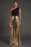 Black and Gold Sparkly One Shoulder Long Formal Dress with Slit