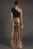 Black and Gold Sparkly One Shoulder Long Formal Dress with Slit