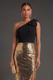 Black and Gold Sparkly One Shoulder Long Formal Dress with Slit