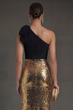 Black and Gold Sparkly One Shoulder Long Formal Dress with Slit