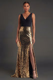 Black and Gold Sparkly V Neck Long Formal Dress with Slit