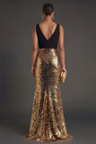 Black and Gold Sparkly V Neck Long Formal Dress with Slit