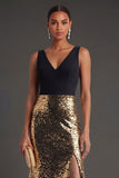 Black and Gold Sparkly V Neck Long Formal Dress with Slit