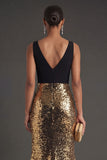 Black and Gold Sparkly V Neck Long Formal Dress with Slit
