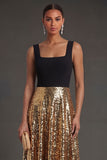 A Line Square Neck Black and Gold Sparkly Long Formal Dress