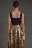 A Line Square Neck Black and Gold Sparkly Long Formal Dress