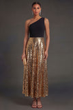 A Line One Shoulder Black and Gold Sparkly Long Formal Dress