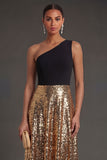 A Line One Shoulder Black and Gold Sparkly Long Formal Dress