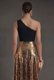 A Line One Shoulder Black and Gold Sparkly Long Formal Dress
