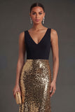 Sheath Black and Gold Sparkly V Neck Long Formal Dress