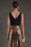Sheath Black and Gold Sparkly V Neck Long Formal Dress