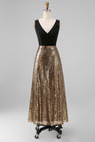 Sheath Black and Gold Sparkly V Neck Long Formal Dress