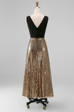 Sheath Black and Gold Sparkly V Neck Long Formal Dress