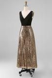 Sheath Black and Gold Sparkly V Neck Long Formal Dress