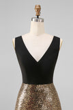Sheath Black and Gold Sparkly V Neck Long Formal Dress