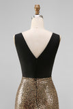 Sheath Black and Gold Sparkly V Neck Long Formal Dress