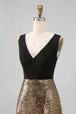 Sheath Black and Gold Sparkly V Neck Long Formal Dress