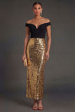 Sheath Black and Gold Sparkly Off the Shoulder Long Formal Dress