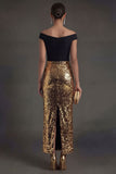 Sheath Black and Gold Sparkly Off the Shoulder Long Formal Dress