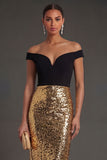 Sheath Black and Gold Sparkly Off the Shoulder Long Formal Dress