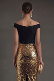Sheath Black and Gold Sparkly Off the Shoulder Long Formal Dress