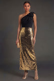 Sheath Black and Gold Sparkly One Shoulder Long Formal Dress