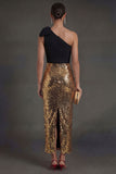 Sheath Black and Gold Sparkly One Shoulder Long Formal Dress