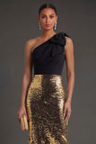 Sheath Black and Gold Sparkly One Shoulder Long Formal Dress