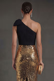 Sheath Black and Gold Sparkly One Shoulder Long Formal Dress