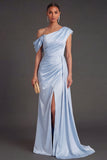 Sky Blue Mermaid Ruched Long Formal Dress with Slit