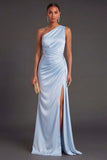 Sky Blue Mermaid One Shoulder Long Formal Dress with Slit