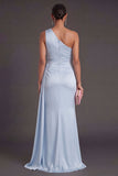 Sky Blue Mermaid One Shoulder Long Formal Dress with Slit