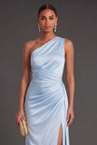 Sky Blue Mermaid One Shoulder Long Formal Dress with Slit