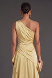 Yellow Ruffled Satin Long Formal Dress