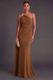 Ruched Olive Mermaid One Shoulder Long Formal Dress