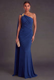 Ruched Olive Mermaid One Shoulder Long Formal Dress