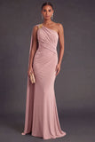 Ruched Olive Mermaid One Shoulder Long Formal Dress