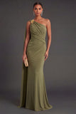 Ruched Olive Mermaid One Shoulder Long Formal Dress