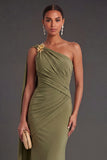 Ruched Olive Mermaid One Shoulder Long Formal Dress