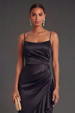 Ruffled Satin Black Mermaid Long Formal Dress with Slit