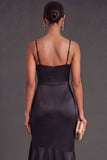Ruffled Satin Black Mermaid Long Formal Dress with Slit